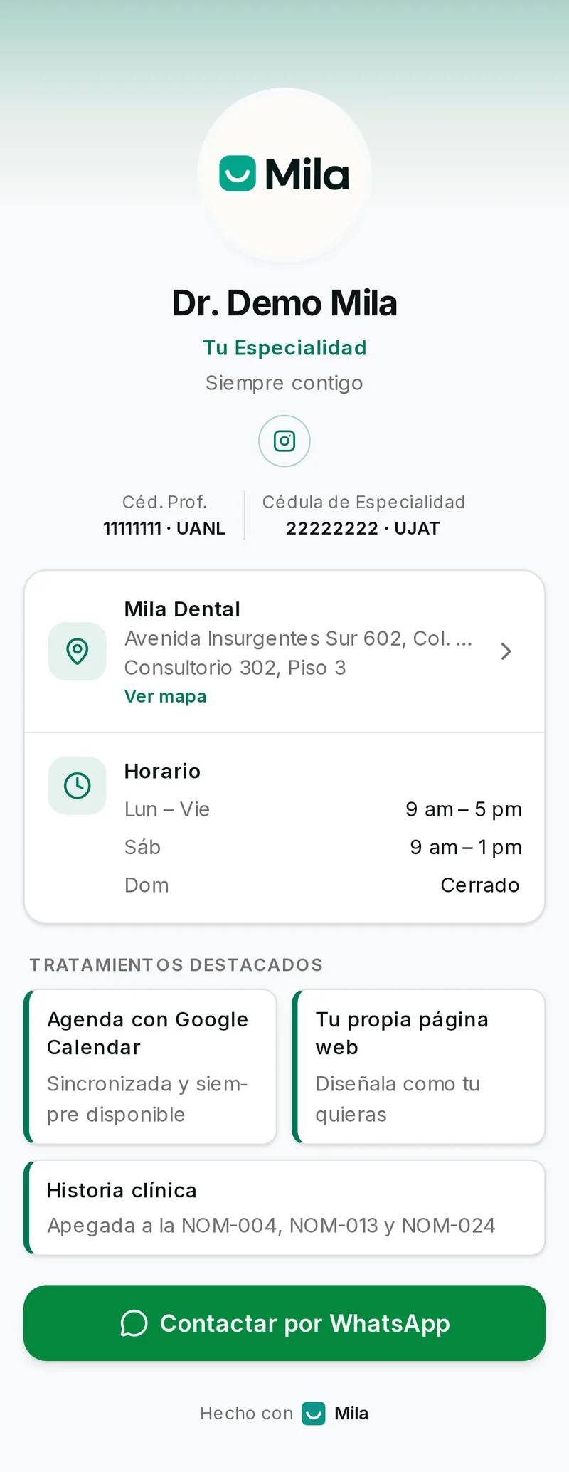 Página web de ejemplo de un dentista en Mila